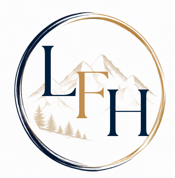 Logo with mountains, trees, and the letters L, F, and H inside a circular brushstroke.
