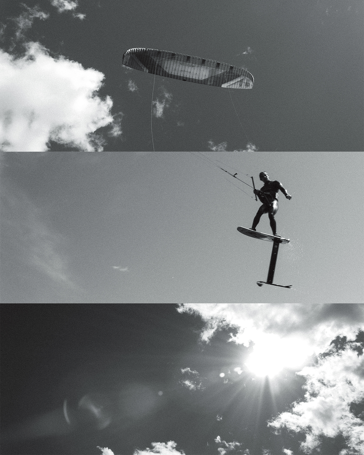 Ein Mann beim Kite-Surfen in der Luft, mit einem Kite am Himmel unter der Sonne, schwarze und weiße Aufnahme.