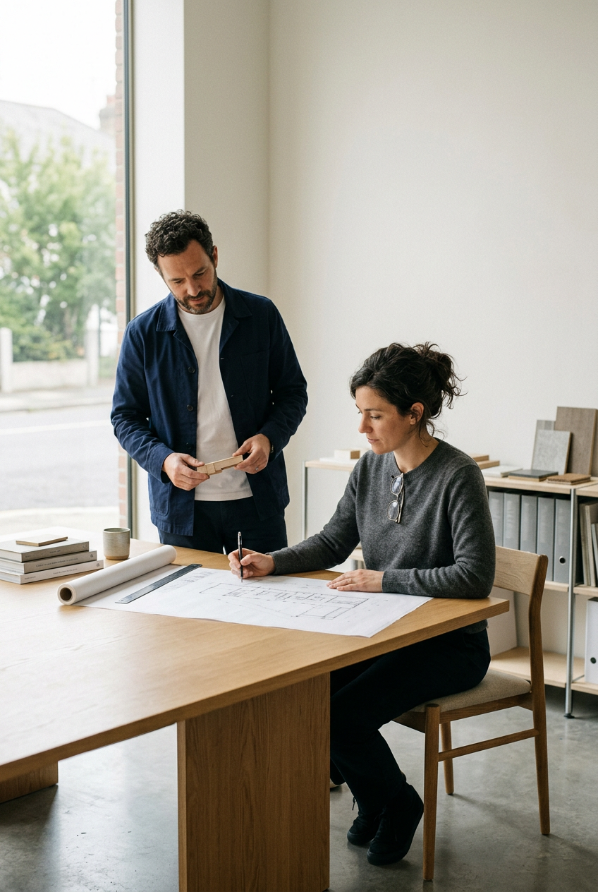 Two professionals discussing architectural plans in a bright, modern office.