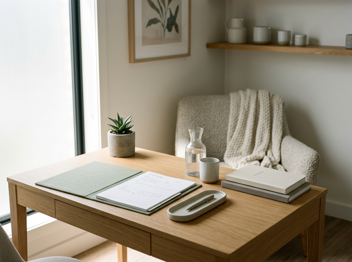 A tidy wooden desk with a potted succulent, water jug, mug, a pen, and notebooks. In the background, a cushioned chair with a knitted blanket and a wooden shelf with white dishes.