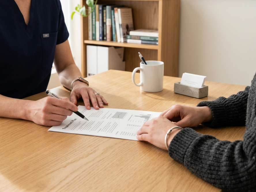 Two people sitting at a wooden table, reviewing and signing a document. One person is wearing a dark blue shirt, and the other is wearing a gray sweater. There is a white mug with a pen inside, a small box holding business cards, and a bookshelf with various books in the background.