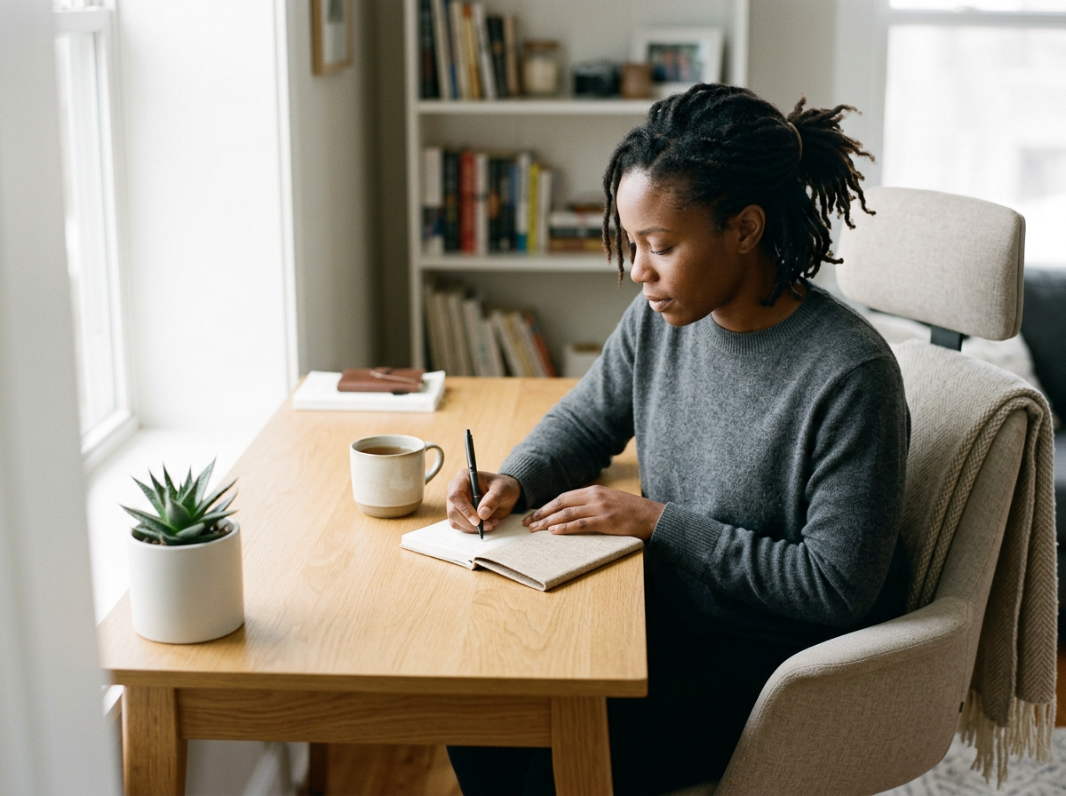 Woman writing in a notebook at a wooden desk with a mug and a potted plant, in a cozy room with shelves in the background.