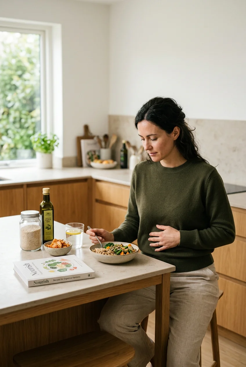 A woman sitting at a kitchen counter, eating a bowl of food that includes vegetables and grains, with a book titled 'Nourish' nearby, in a well-lit kitchen with a window and various kitchen items in the background.