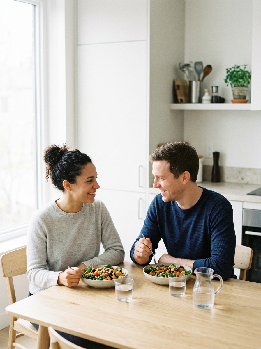 A man and woman sitting at a dining table, smiling and enjoying a meal of salad, with water glasses and a pitcher on the table in a bright kitchen.