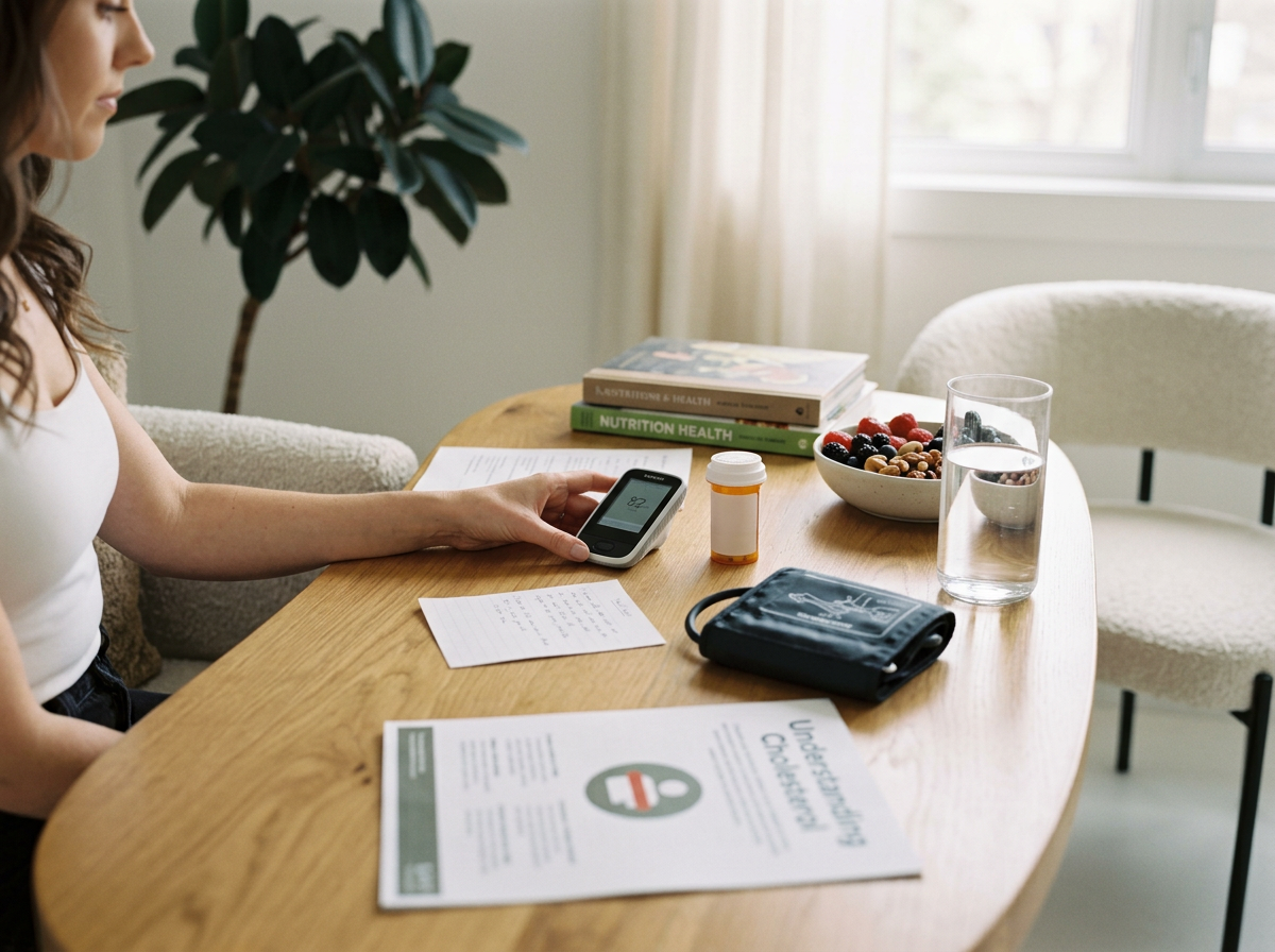 A woman sitting at a wooden table with health-related items, including a blood pressure monitor, medication bottle, a glass of water, a bowl of berries, health books, and a document.