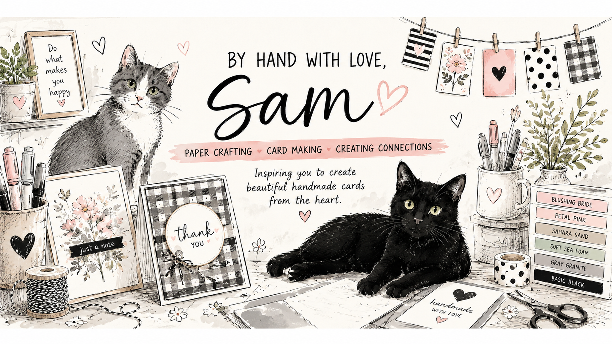 Illustration of a crafting and card-making workspace with two cats, various craft supplies, and decorative signs and images.