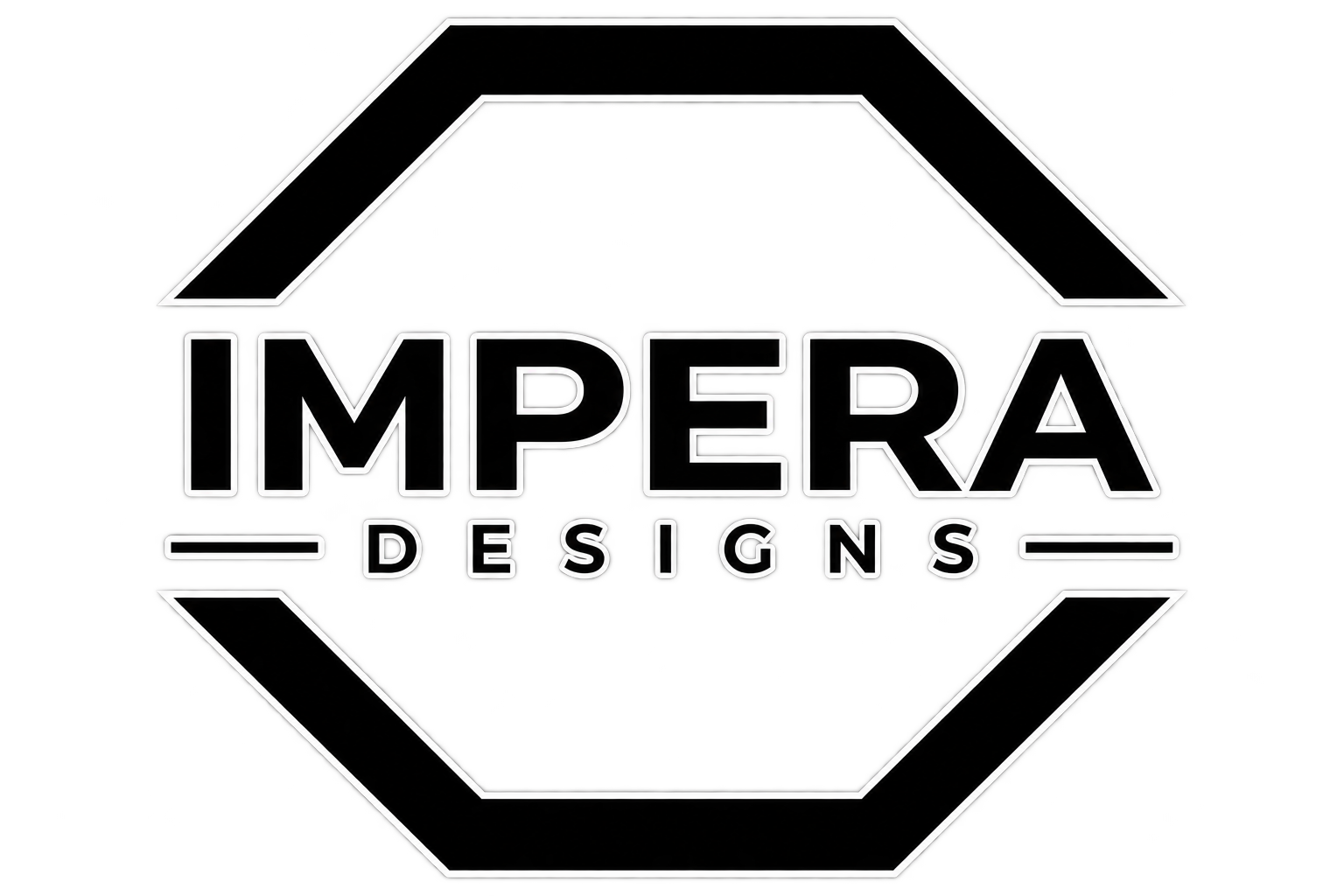 Neon-Schild mit der Aufschrift »Imperá Designs« in Schwarz und Weiß, umgeben von einem schwarzen Rahmen, auf einem grauen Hintergrund.