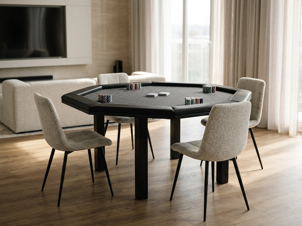 Ein Poker- oderSpieltisch mit Chips und Karten in einem Wohnzimmer mit Holzfußboden und großen Fenstern.