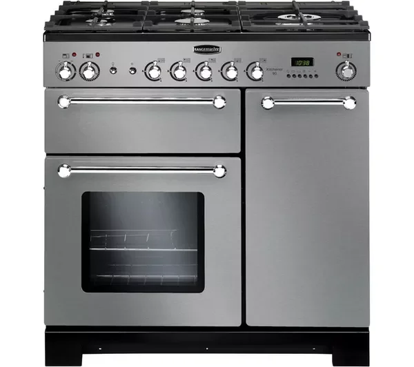 RANGEMASTER Kitchener 90 Dual Fuel Range Cooker - Stainless Steel & Chrome