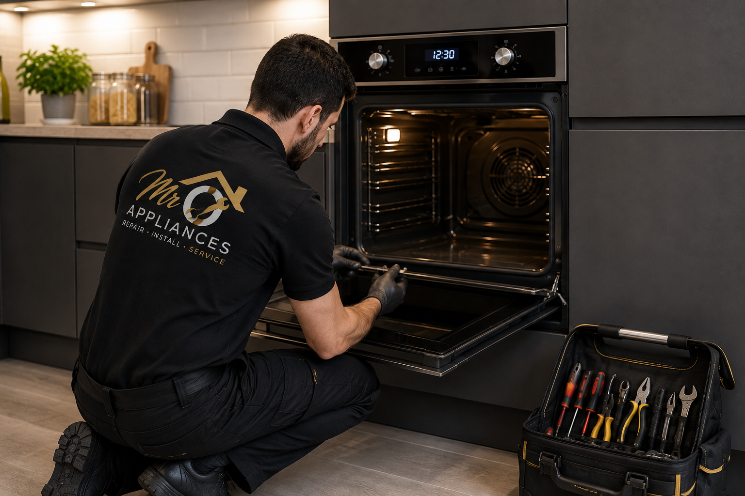 A technician kneeling and repairing an oven in a modern kitchen, with tools in a black tool bag nearby.