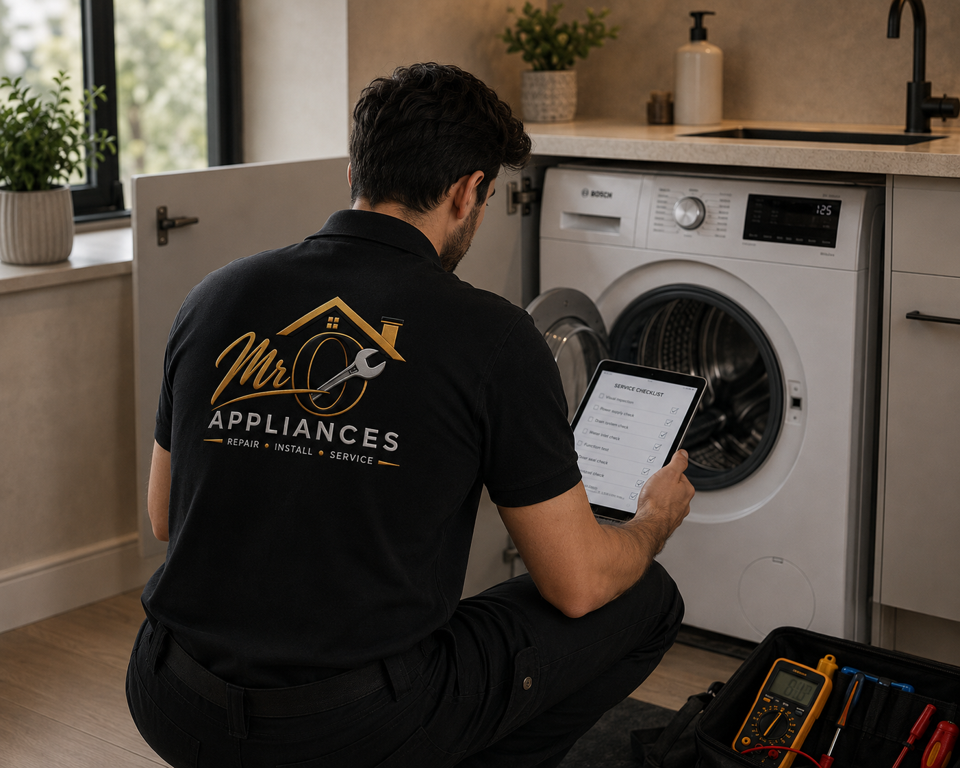 A technician in a black shirt with the logo 'Mr Appliances' is checking a front-loading washing machine with a tablet, performing a service check in a modern kitchen.