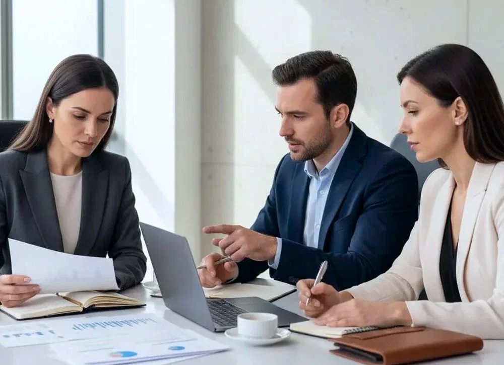 Three business professionals, two women and one man, engaged in a discussion during a meeting in a modern office.