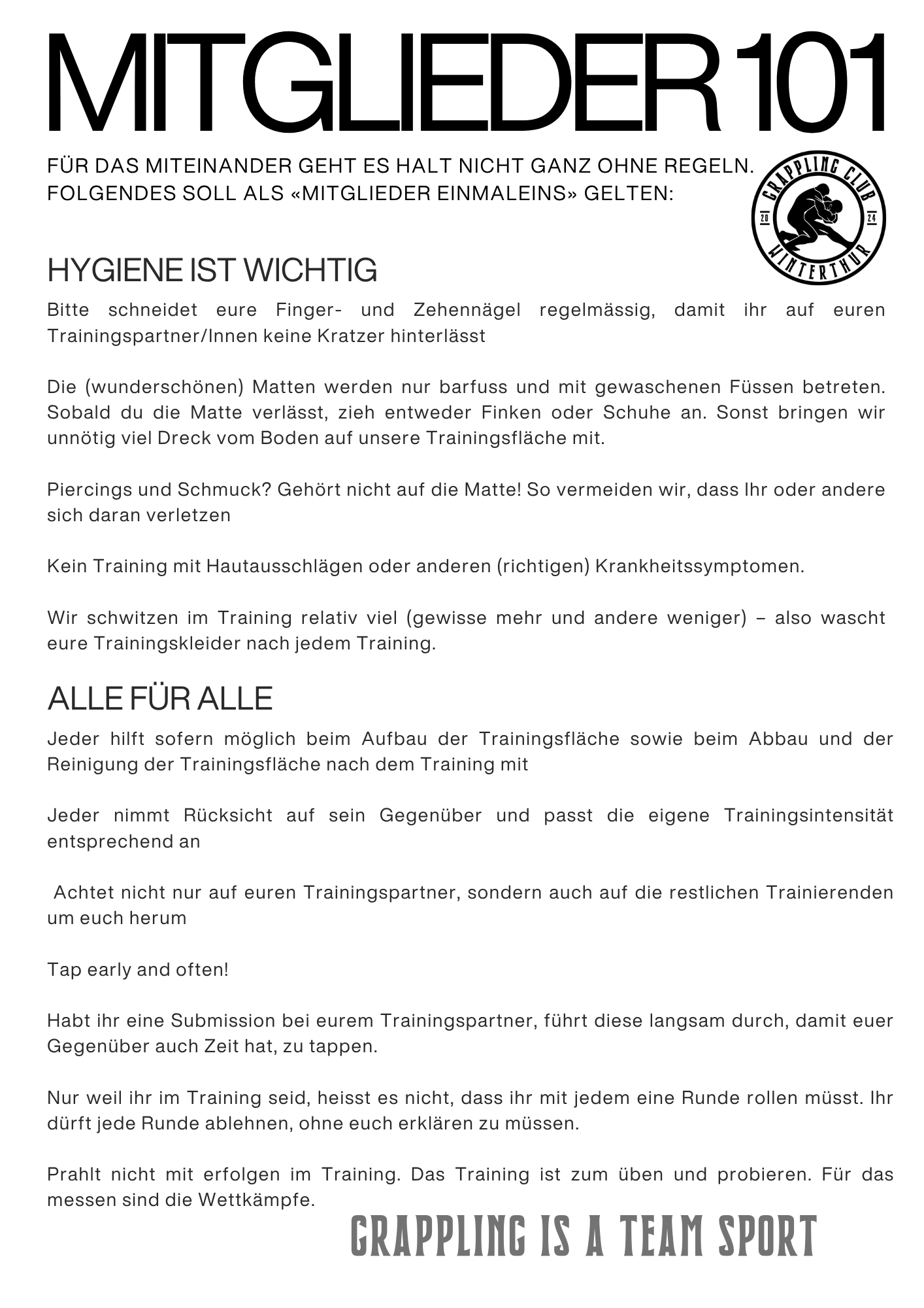 Poster with rules for members of a grappling club, featuring a logo with a grappler silhouette, German text on hygiene, training tips, and motivational message in English that says "Grappling is a team sport."