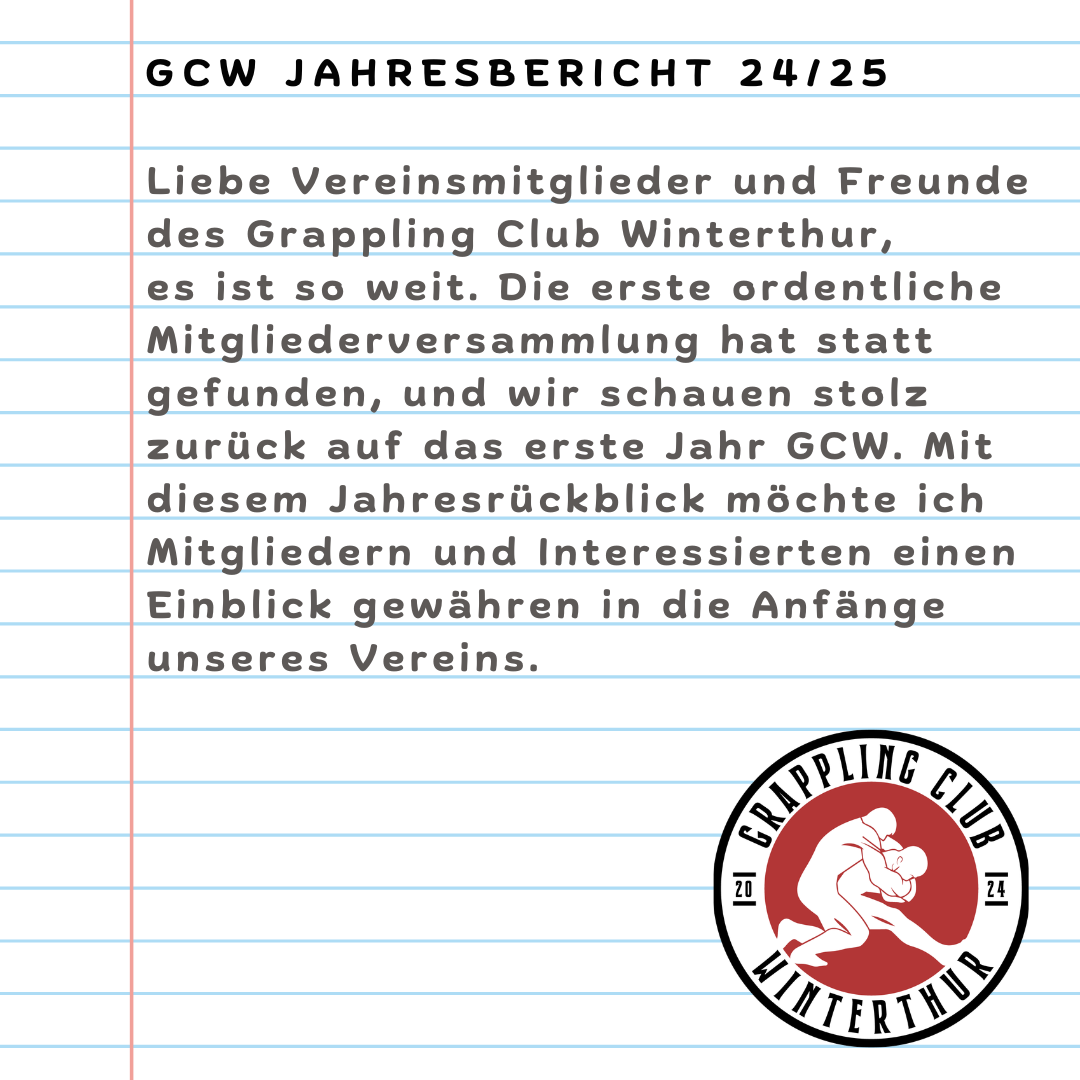 Handwritten note on lined paper announcing the 24/25 annual report of the Grappling Club Winterthur, including a message to members and friends, with a logo of the Grappling Club Winterthur featuring two wrestlers grappling and the club's name and establishment year.