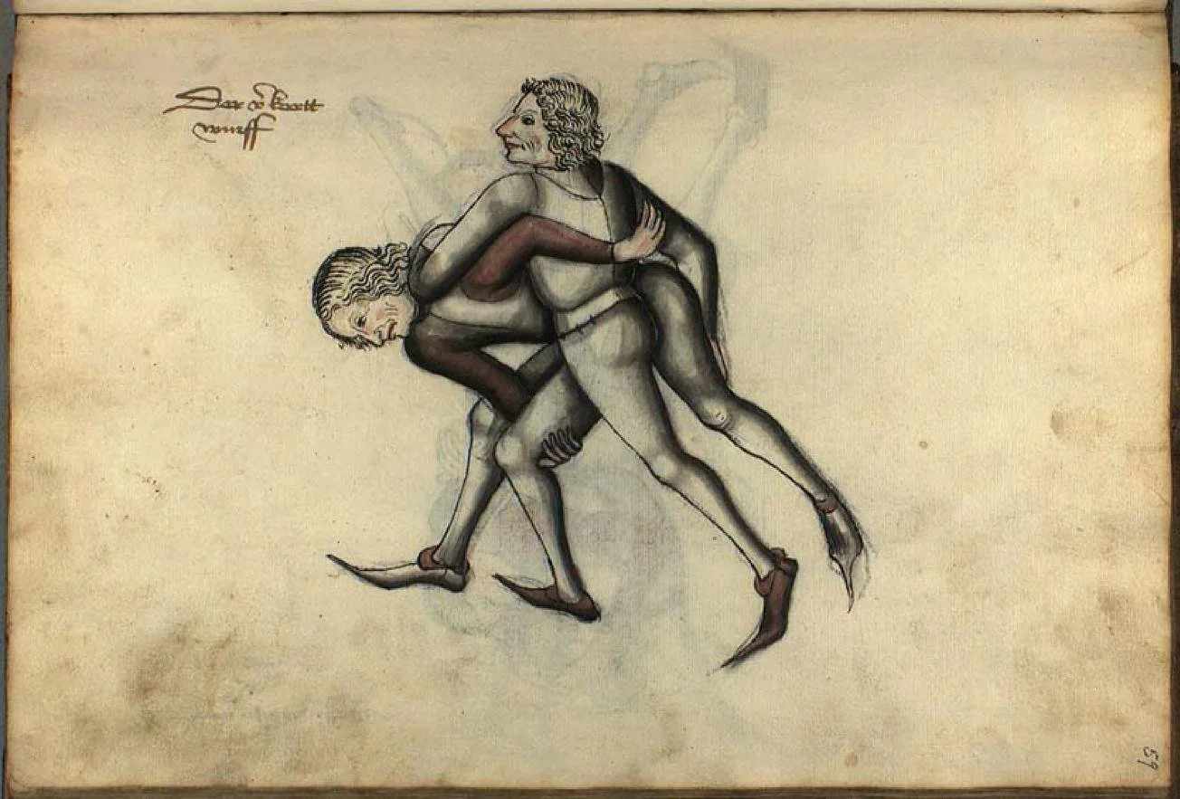 An illustration of two humans engaged in a wrestling match, with one on top of the other.