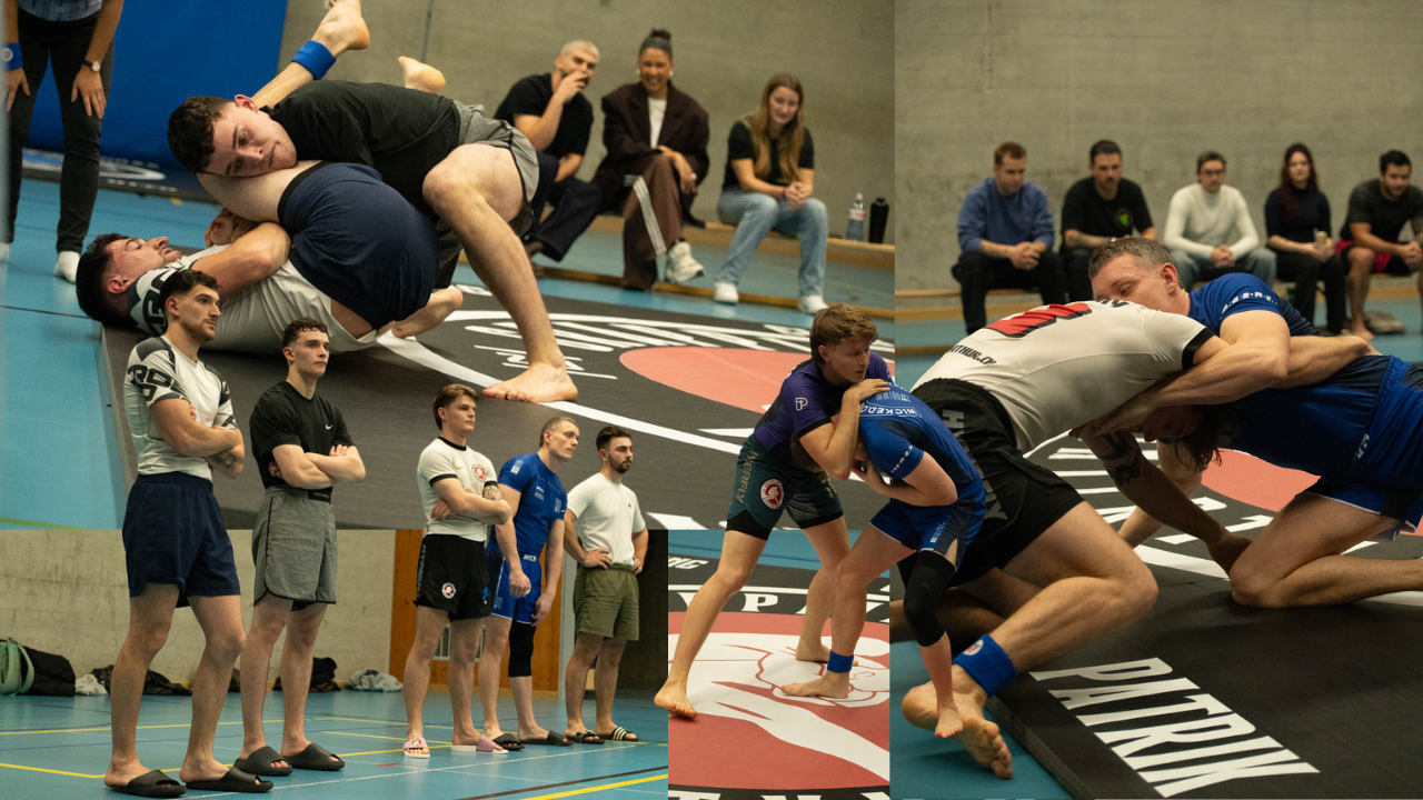 Two Brazilian Jiu-Jitsu matches occurring simultaneously in a gym with spectators watching.