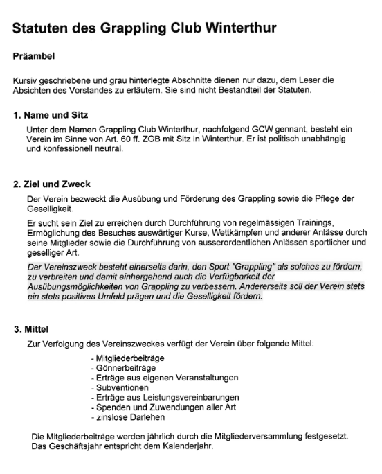 Document titled 'Statuten des Grappling Club Winterthur' in German, outlining the preamble, purpose, and financial details of the club.
