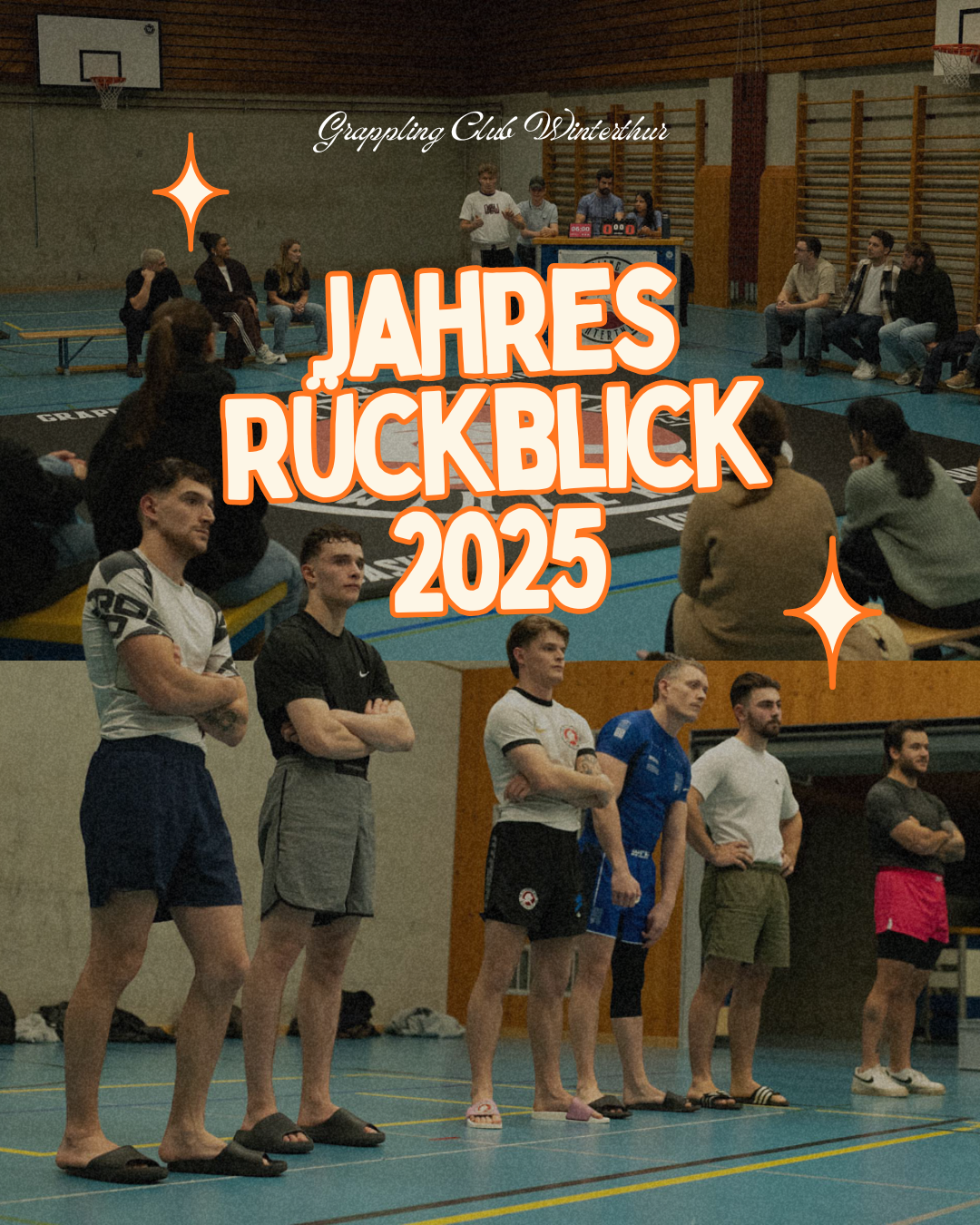 Group of people, including both men and women, seated and standing in an indoor gymnasium during a martial arts or grappling event. Text overlay reads "Jahres Rückblick 2025" and "Grappling Club Winterthur". The background features a wrestling or grappling mat and a scoreboard.