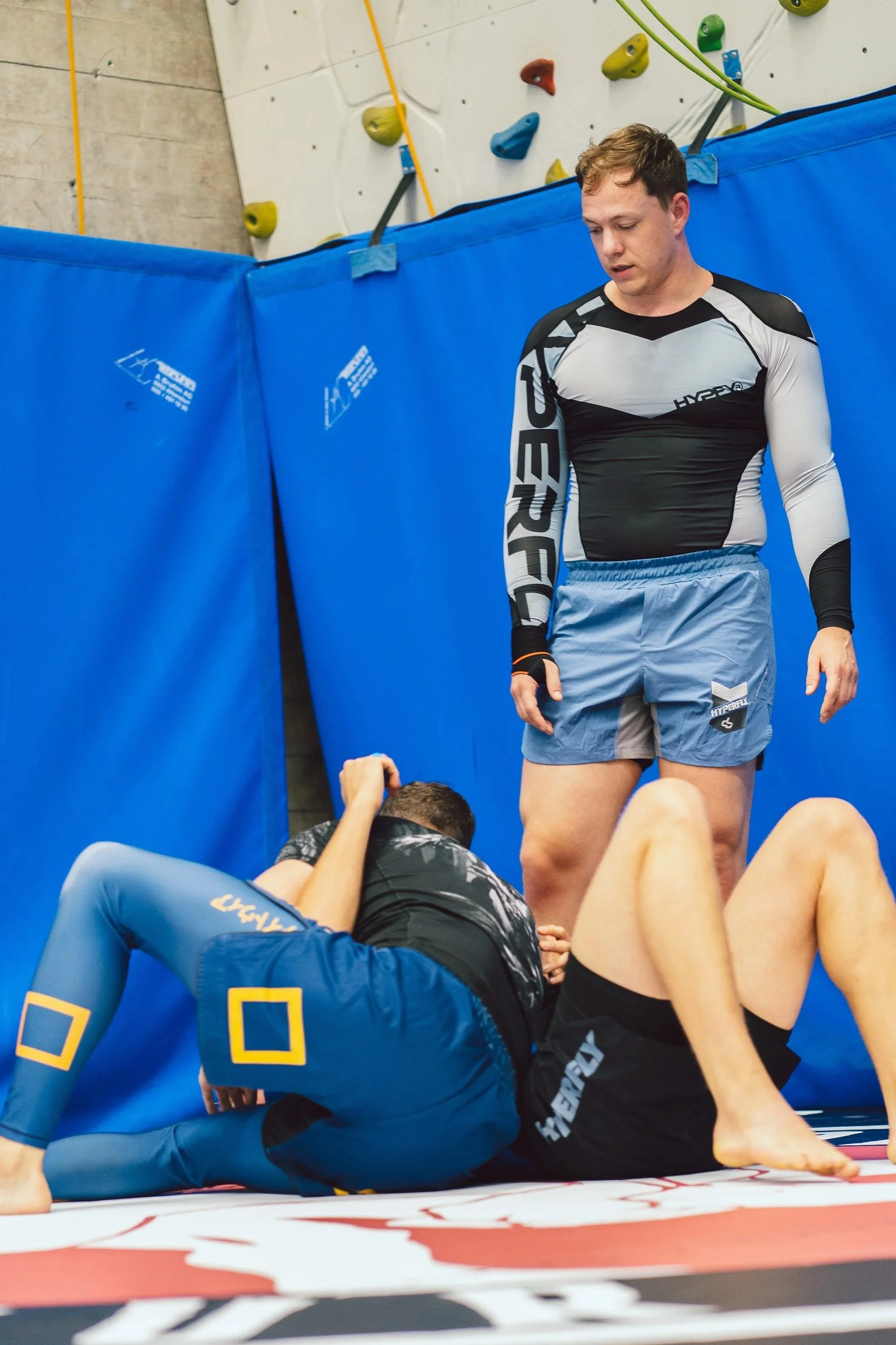 Two mixed martial arts fighters, one in a black and grey rash guard and the other in a black rash guard with blue shorts, are practicing grappling on the mat inside a gym with climbing holds on the wall behind them. The fighter in the black rash guard is on the ground, attempting a submission, while the other is standing nearby, observing or preparing to engage.