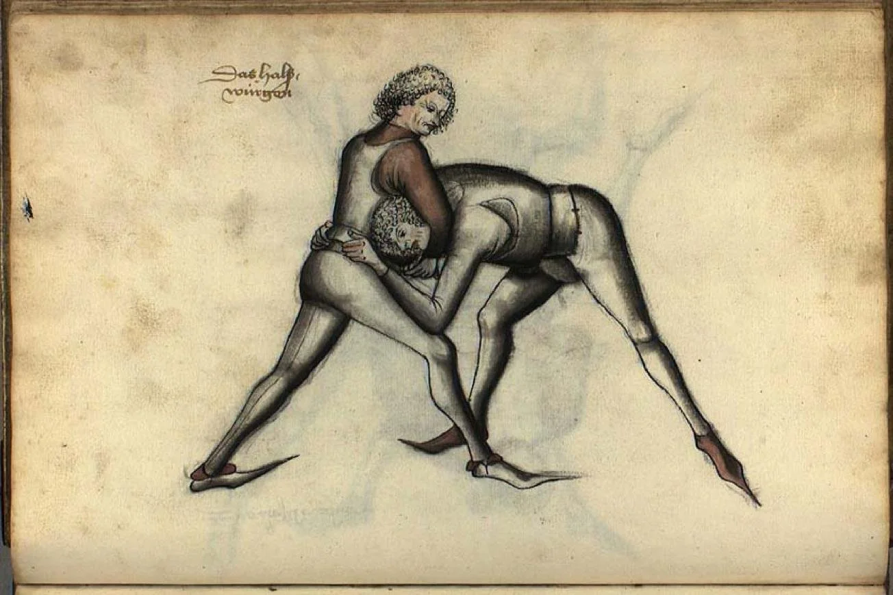 A historical illustration of two wrestlers engaged in a match, depicted in a medieval art style with detailed line work and muted colors.