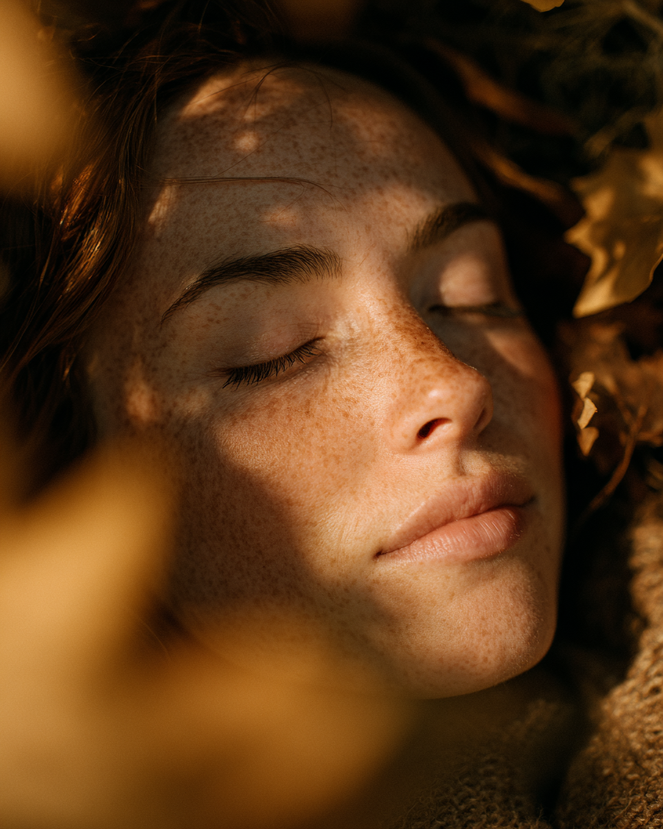 Close-up of a young woman's face with freckles, eyes closed, lying on a bed of autumn leaves.