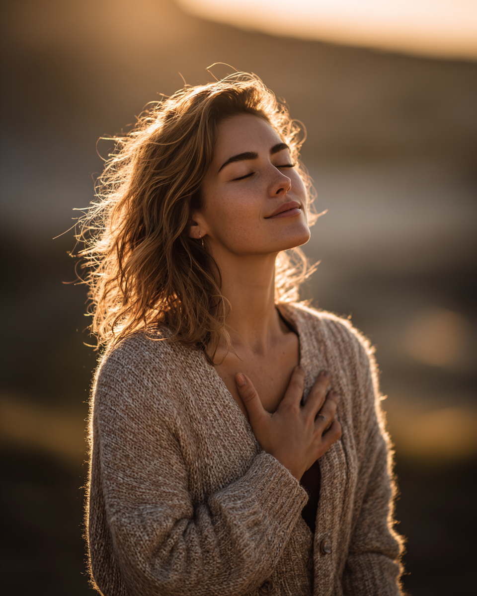 A woman with curly red hair and closed eyes is smiling peacefully outdoors at sunset, wearing a beige knit sweater, with her right hand placed on her chest.