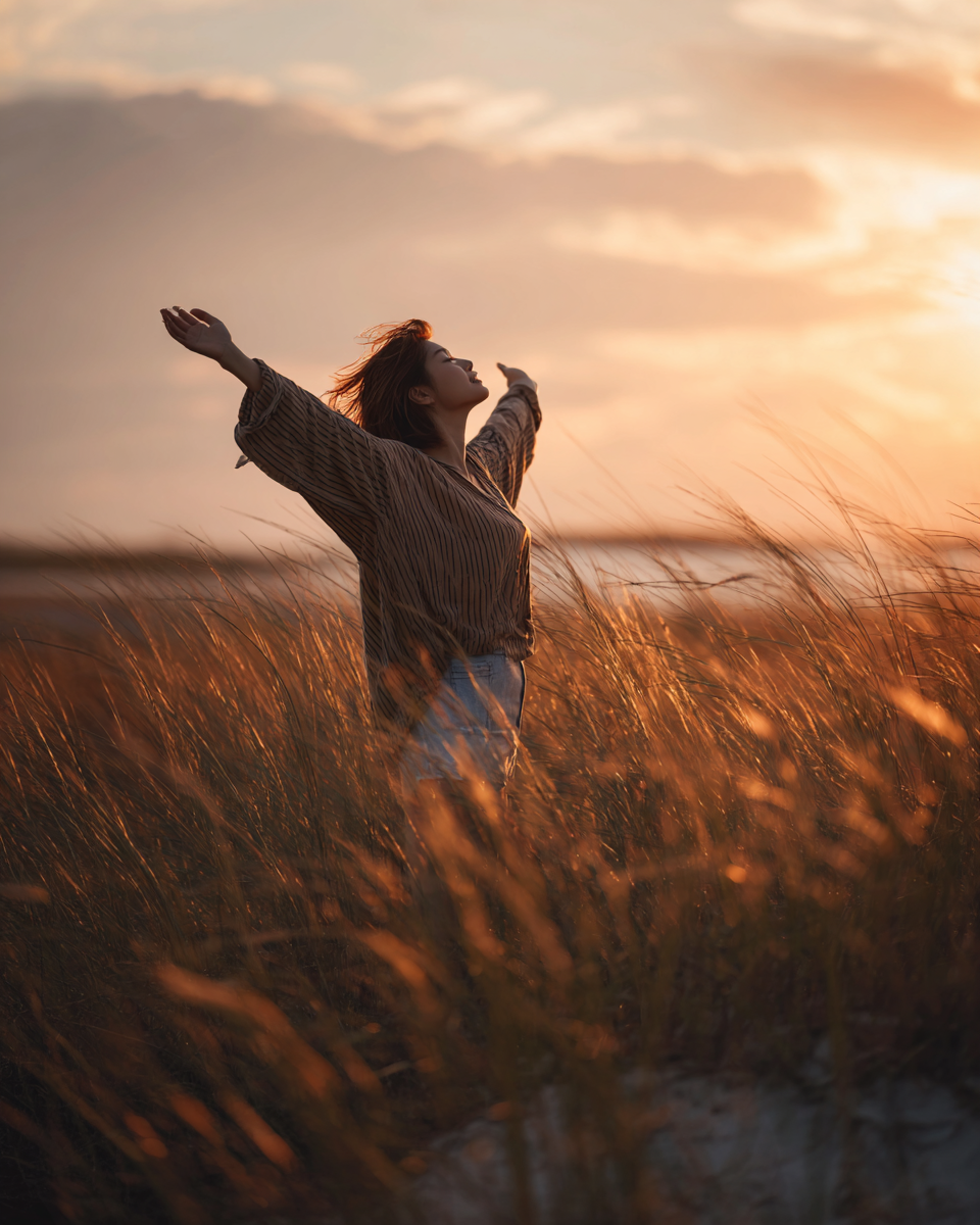 A woman standing in a field at sunset with her arms outstretched and eyes closed.