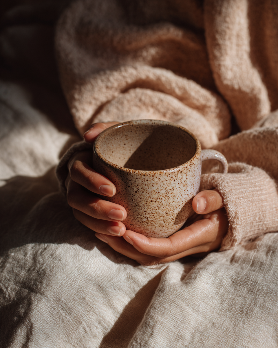 Person in a cozy pink sweater holding a speckled ceramic mug with both hands, sitting on a beige fabric surface.