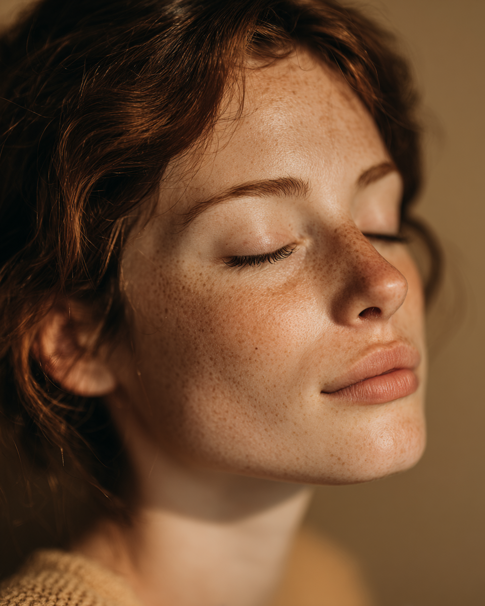 Close-up of a woman with freckles, red hair, and closed eyes, showing a peaceful expression.