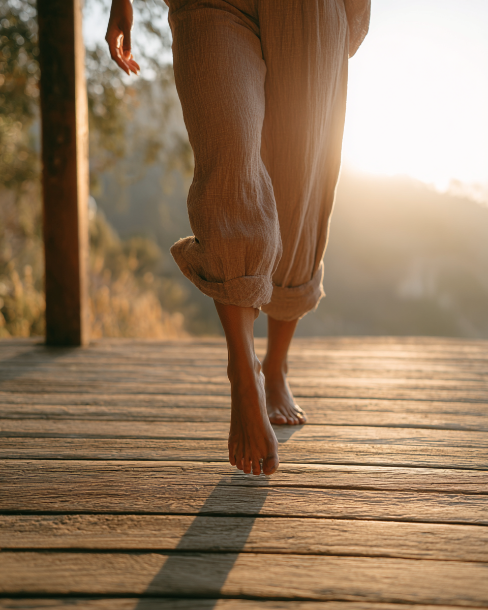 Close-up of a person walking barefoot on a wooden deck in warm sunlight, wearing loose beige linen pants at sunset.
