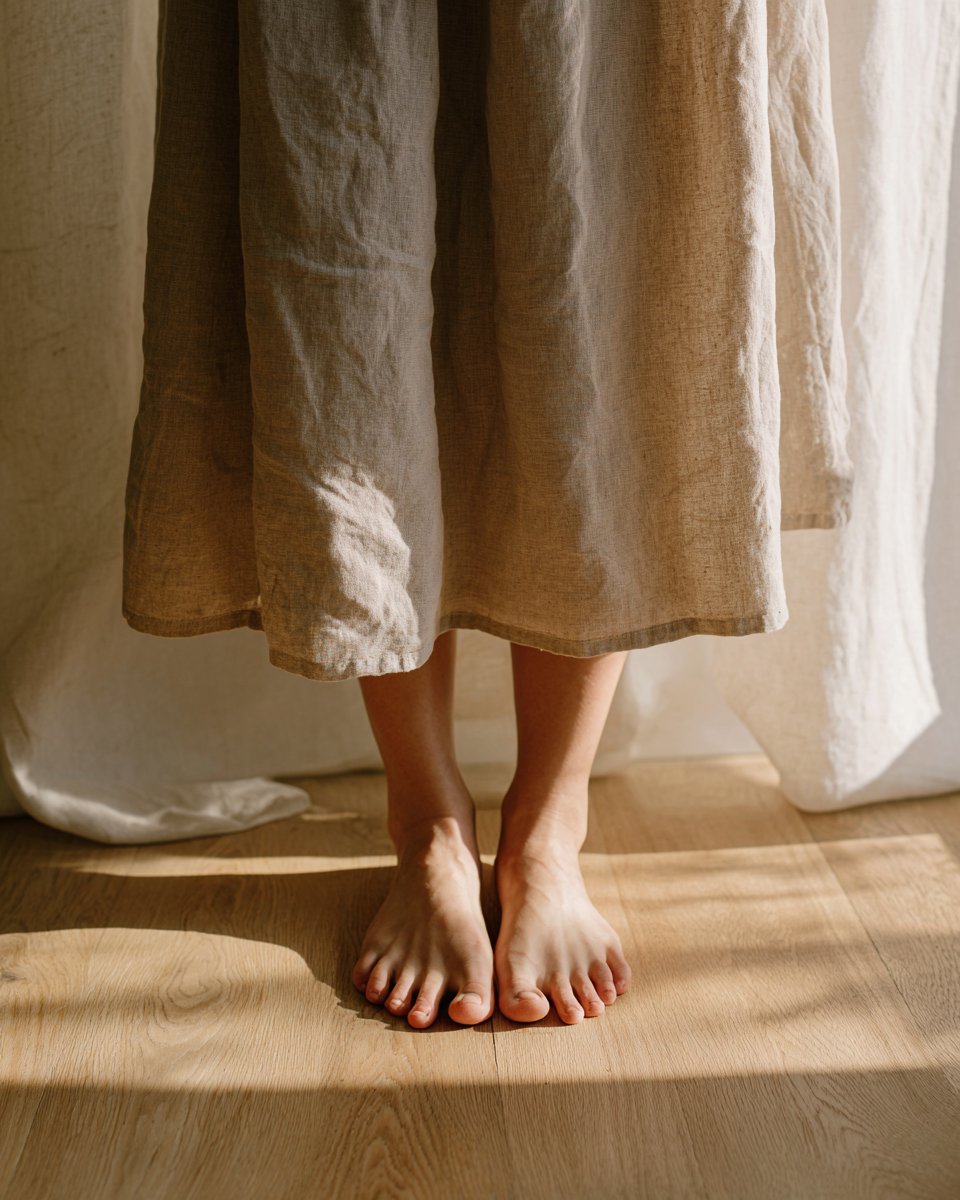 Person standing barefoot on a wooden floor, wearing a long beige linen skirt, with a cream curtain behind them.