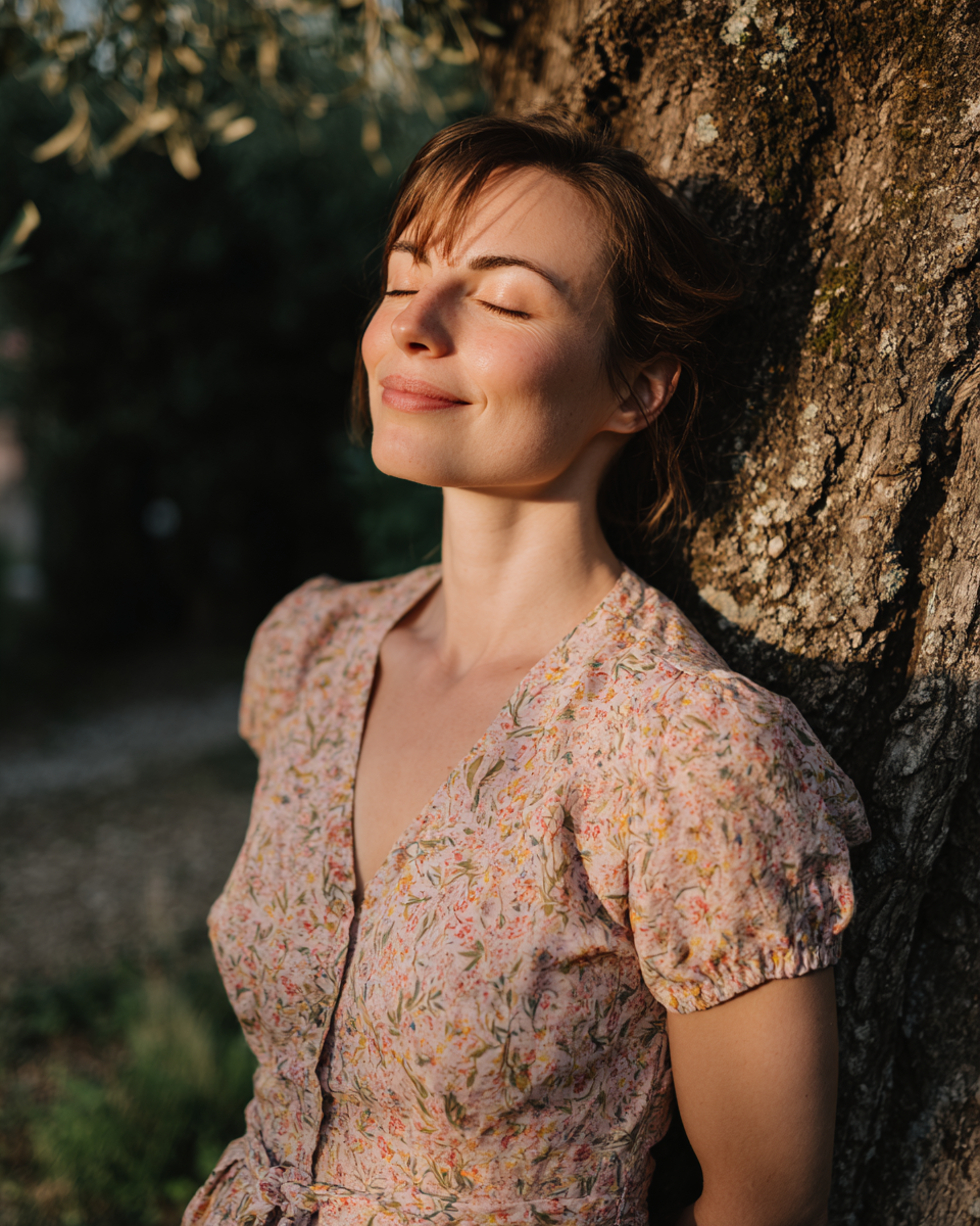 A young woman with short brown hair, wearing a floral dress with puff sleeves, leaning against a tree with her eyes closed and a content smile on her face, in a natural outdoor setting.