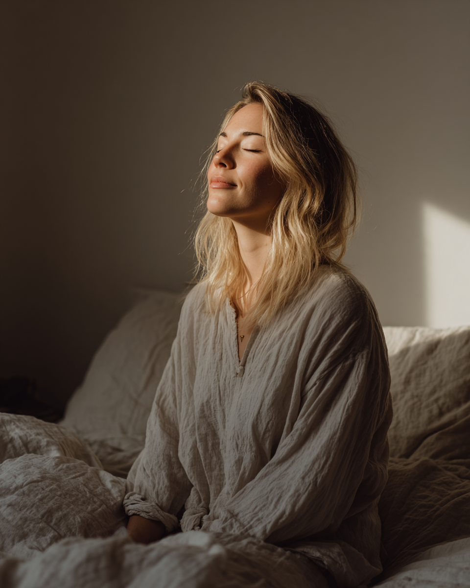 A woman with blonde hair and closed eyes sitting on a bed, enjoying sunlight.