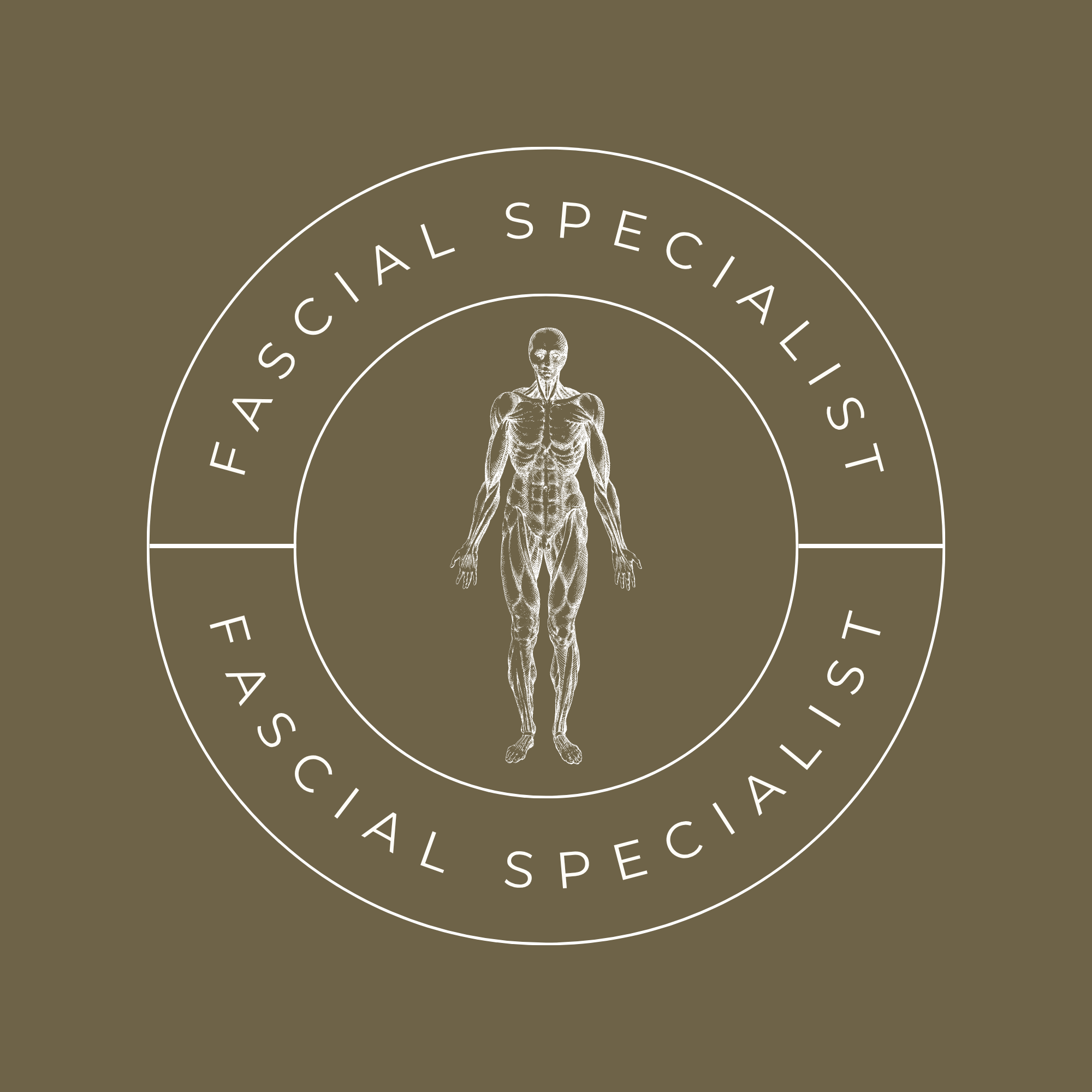 Close-up of a design with concentric circles and human anatomy, featuring the text 'FASCIAL SPECIALIST' and a detailed illustration of a human figure.