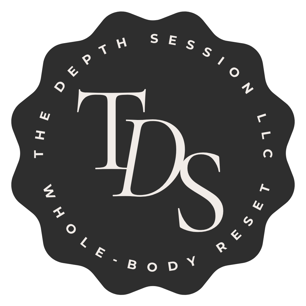 Black circular logo with wavy edges featuring the white text 'The Depth Session LLC' and 'Whole-Body Reset' arranged in a circular pattern around the central abbreviation 'TDS'.