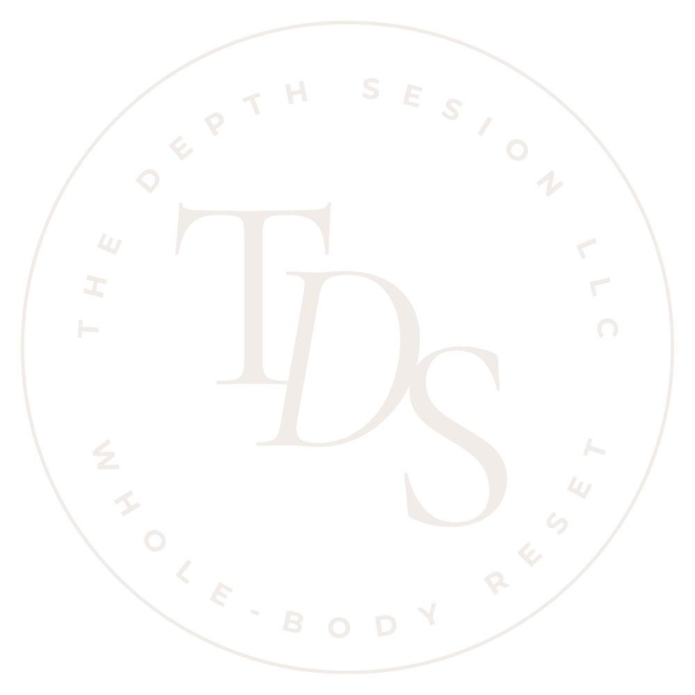 Logo with large initials 'TDS' in the center, surrounded by the text 'The Depth Session' at the top and 'Whole-Body Reset' at the bottom, all in white on a black background.