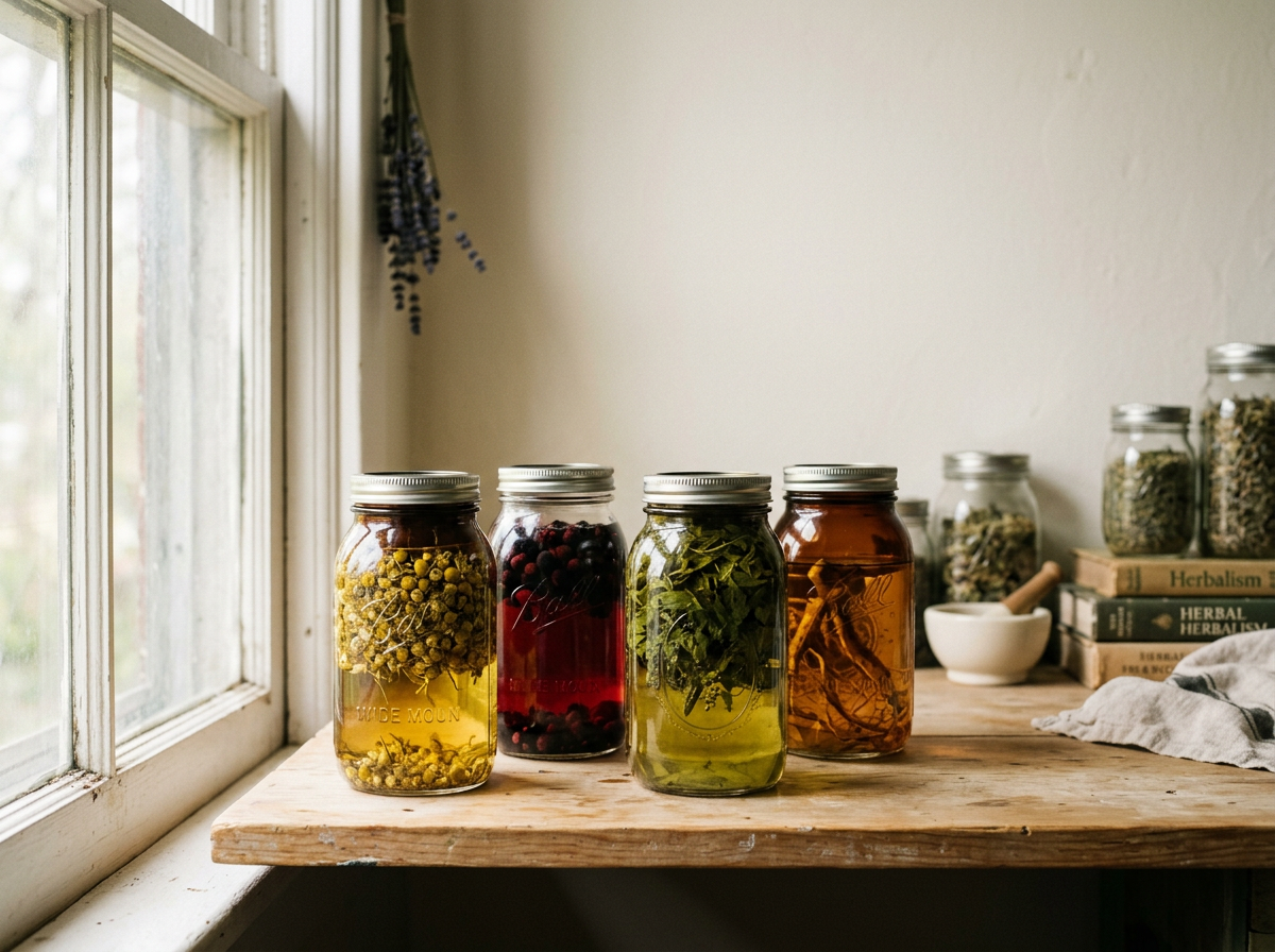 Four glass jars with metal lids containing calendula, motherwort, and other herbal infusions or tinctures, placed on a wooden countertop near a window, with additional jars, books, a mortar and pestle, and a cloth in the background.