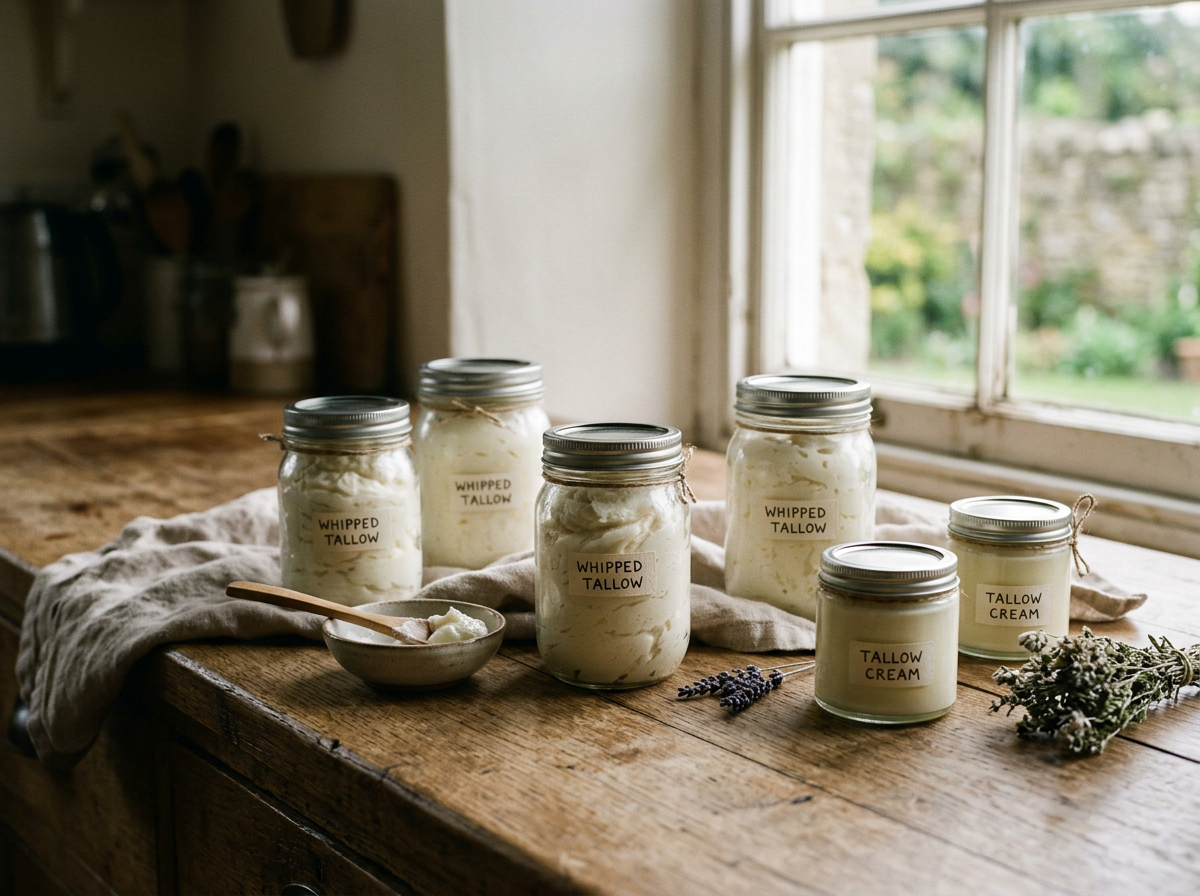Multiple jars of whipped tallow and tallow cream on a wooden table near a window, with a small bowl of tallow and some sprigs of herbs nearby.