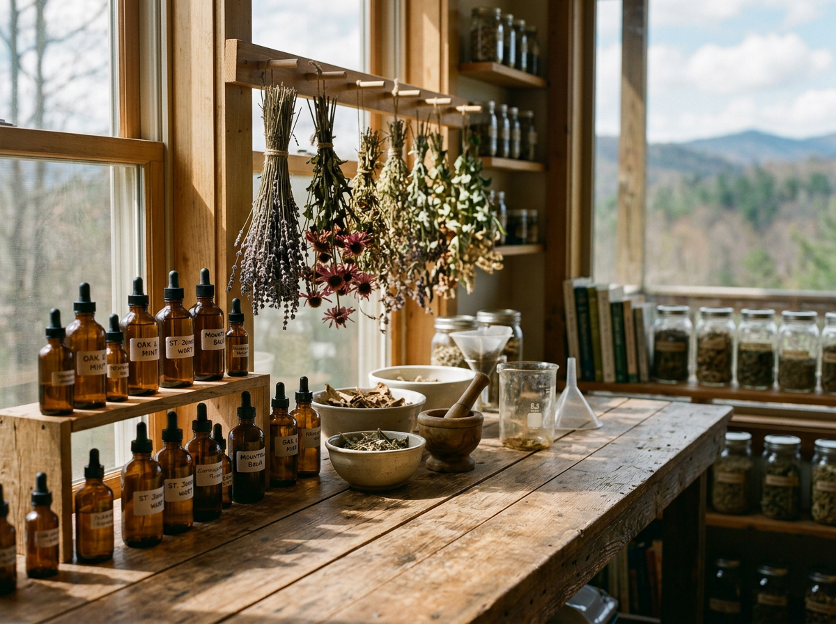 A rustic herbal apothecary table with glass dropper bottles, dried herbs hanging, and various jars of our herbs and powders, set in front of a window with a scenic mountain view from our production area.
