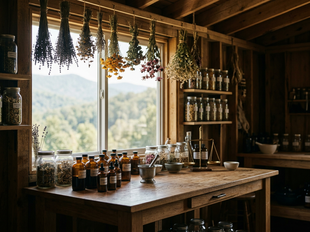 Rustic herbal apothecary with dried herbs, botanical tinctures, amber bottles, and glass herb jars overlooking the Appalachian mountains of North Georgia.