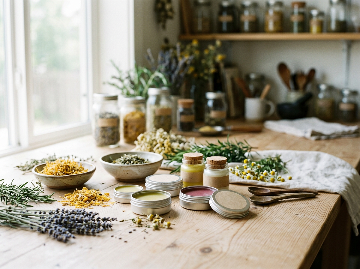 A wooden table with open tins of natural skincare products, bowls of dried herbs, sprigs of lavender, and various jars of creams and balms in a cozy, well-lit kitchen.