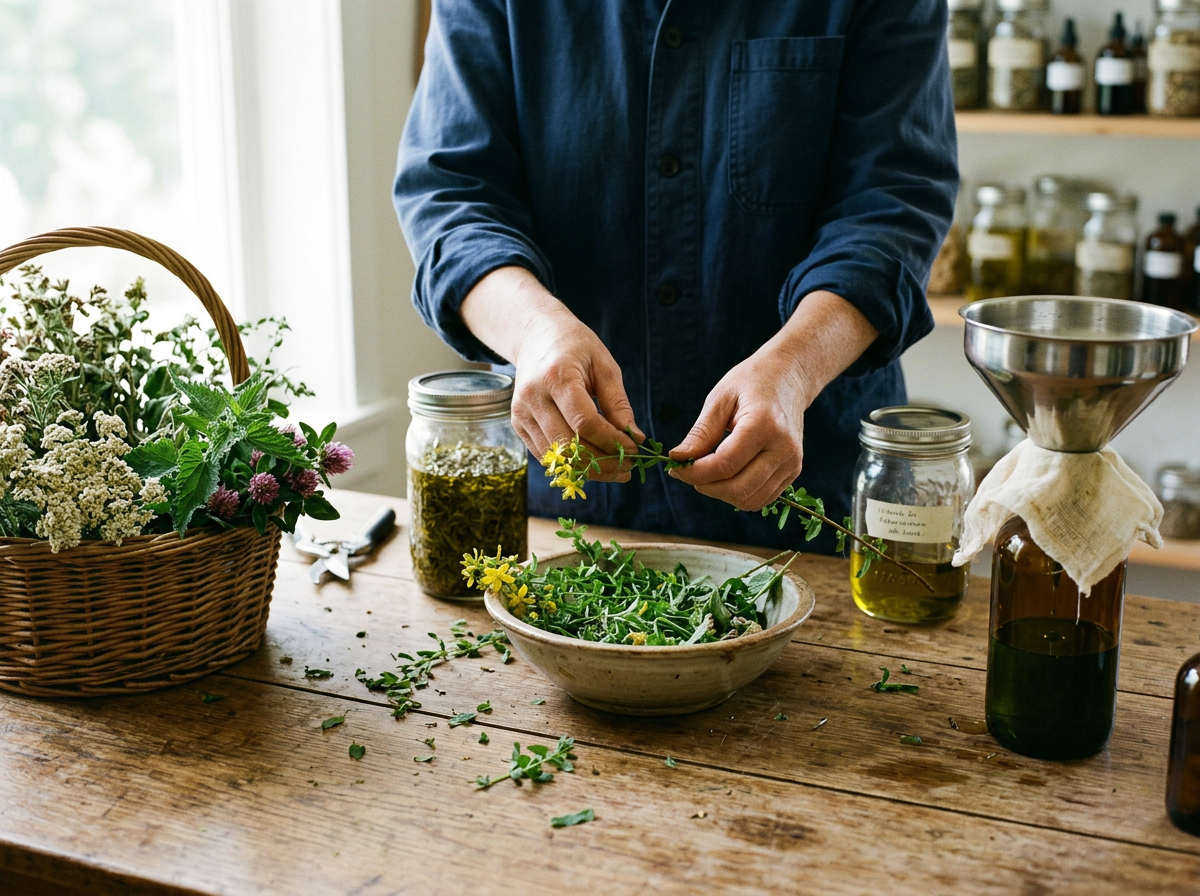 A person in a blue shirt preparing fresh herbs at a kitchen counter with jars of herbs and oil, a basket of flowers, and a metal funnel in the background.