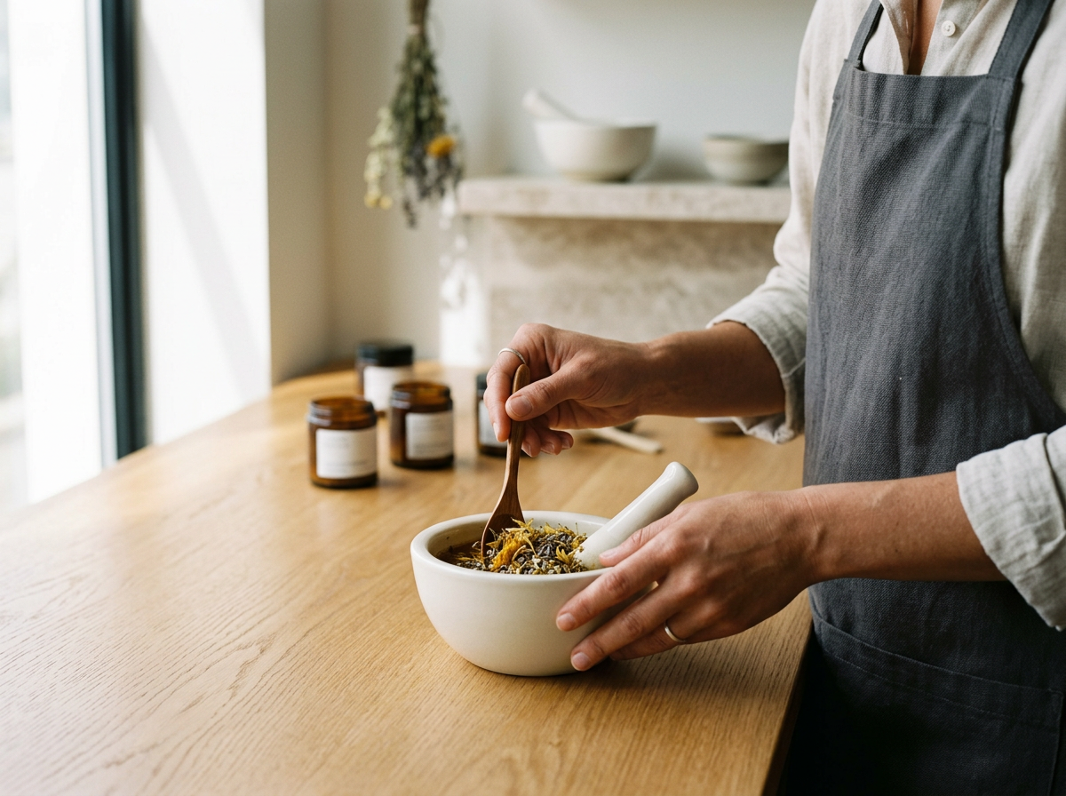 Person mixing herbal ingredients in a white mortar and pestle in a kitchen with jars and bowls in the background.