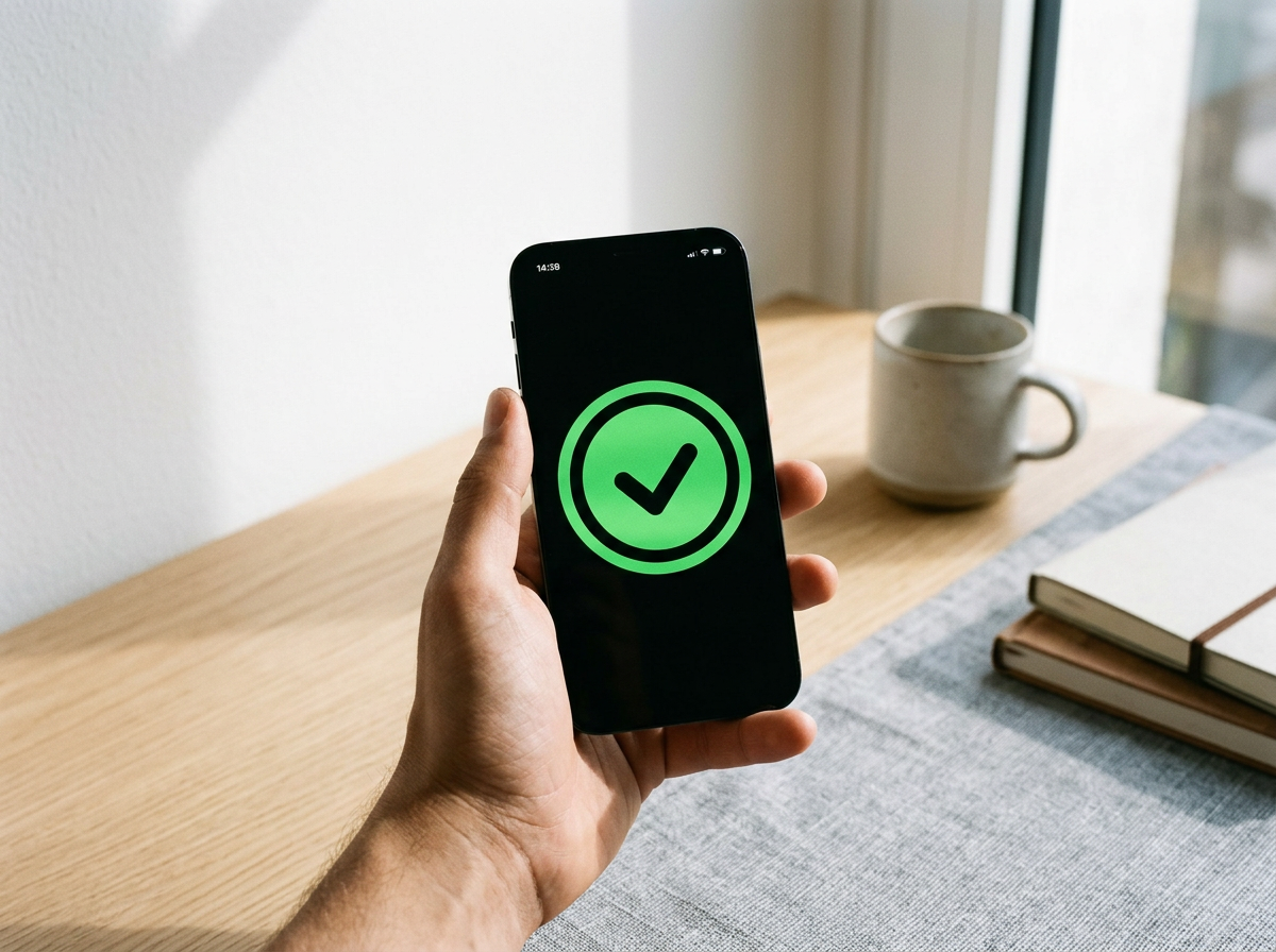 Hand holding a smartphone displaying a green checkmark icon beside a coffee mug and books on a desk
