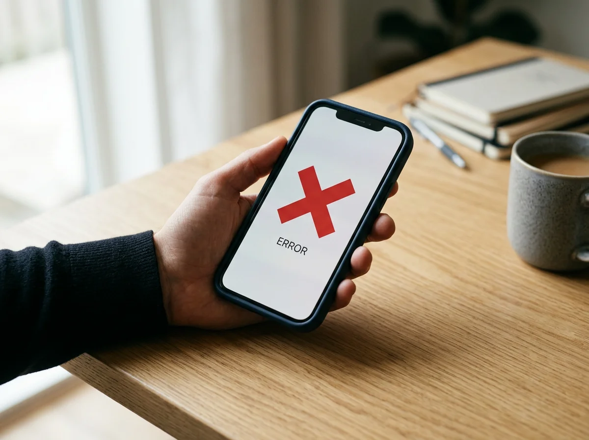 Hand holding a smartphone displaying a red X and “ERROR” message on a wooden desk beside coffee and notebooks.