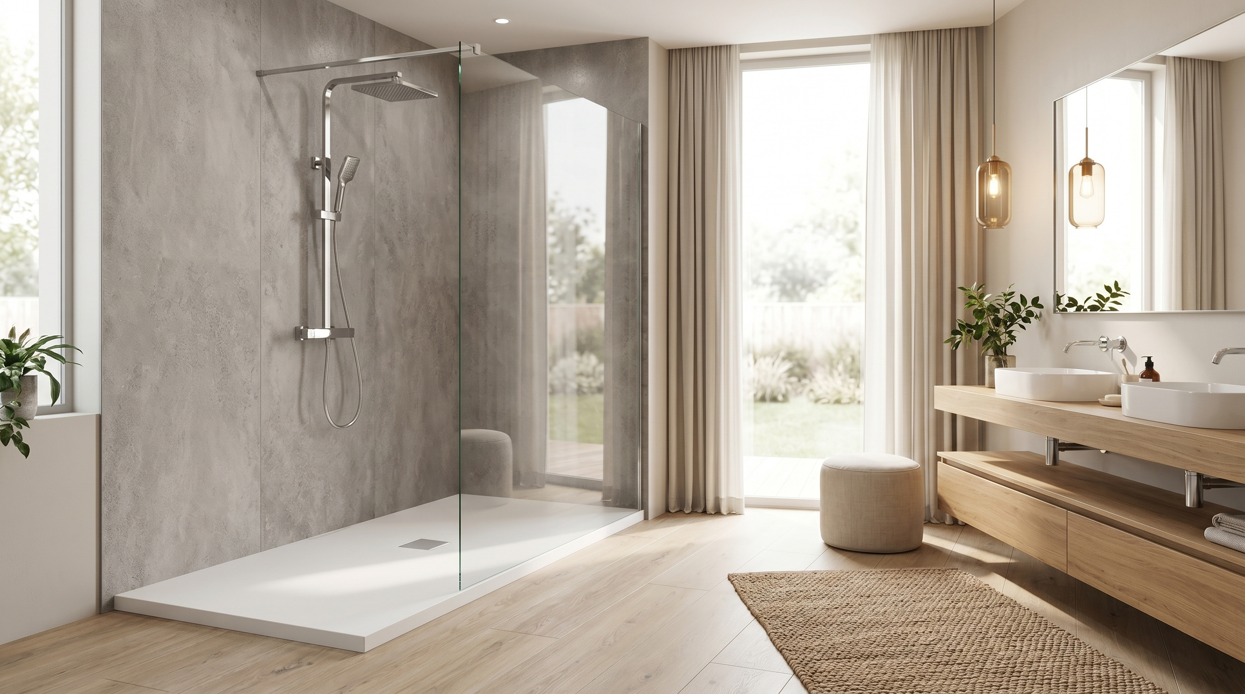 Salle de bain moderne avec douche à l'italienne en verre, grand miroir, vasques doubles sur un meuble en bois, fauteuil, plantes vertes, lumière naturelle et ambiance minimaliste.