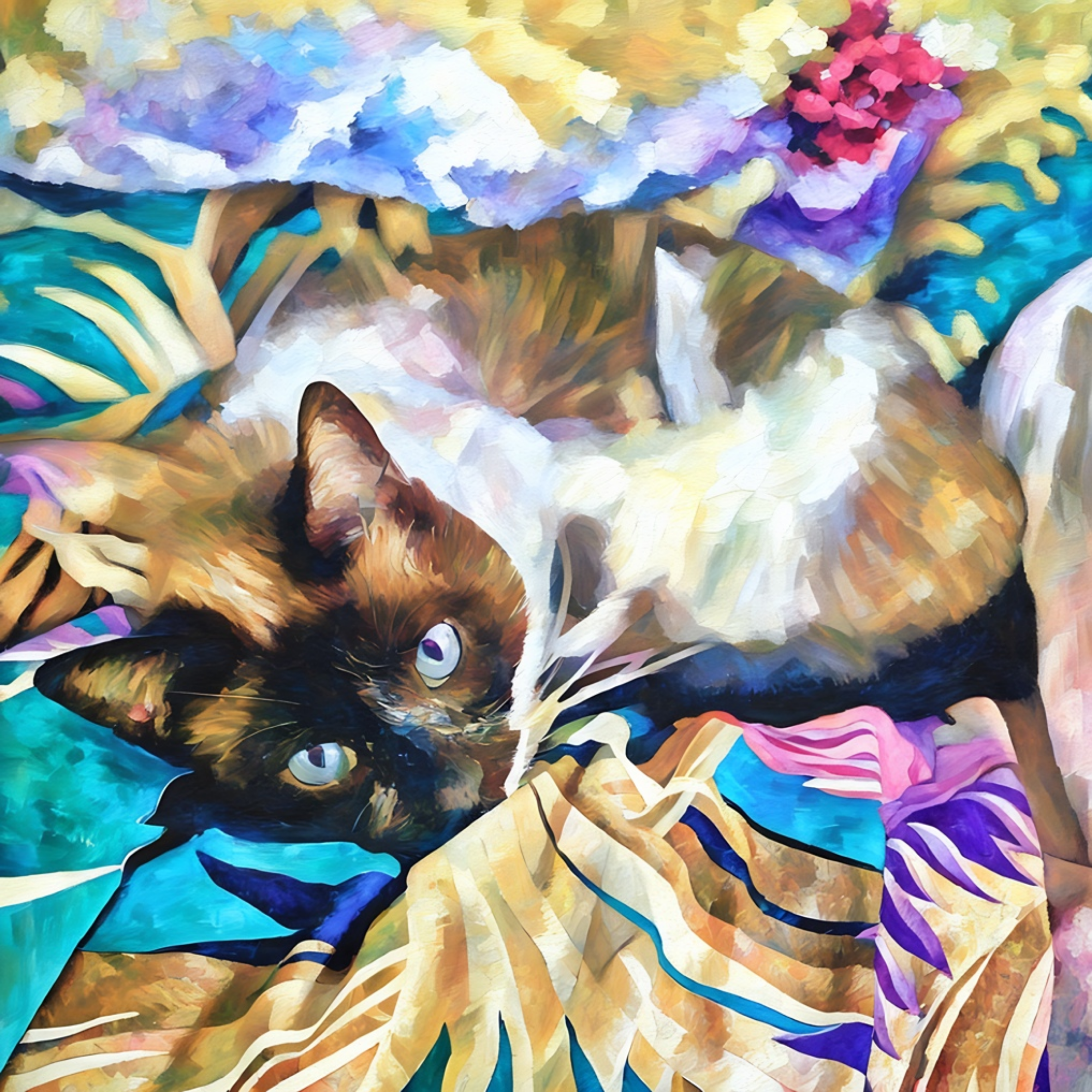 Coco - Her photo was of her on a very colorful robe with the bedroom in the backdrop. Some smart cropping and some brushwork in Photoshop achieved this great look while barely altering the original photo.