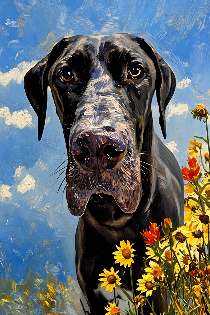 Tendi - Her auntie wanted a picture that showcased those jowls. Using some stock art flowers, we turned a mundane living room photo into a mountaintop meadow aligning with auntie's ask.