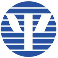 A logo with a blue circle featuring three black vertical lines and one black vertical line in the center, resembling a stylized letter 'T' or emblem.