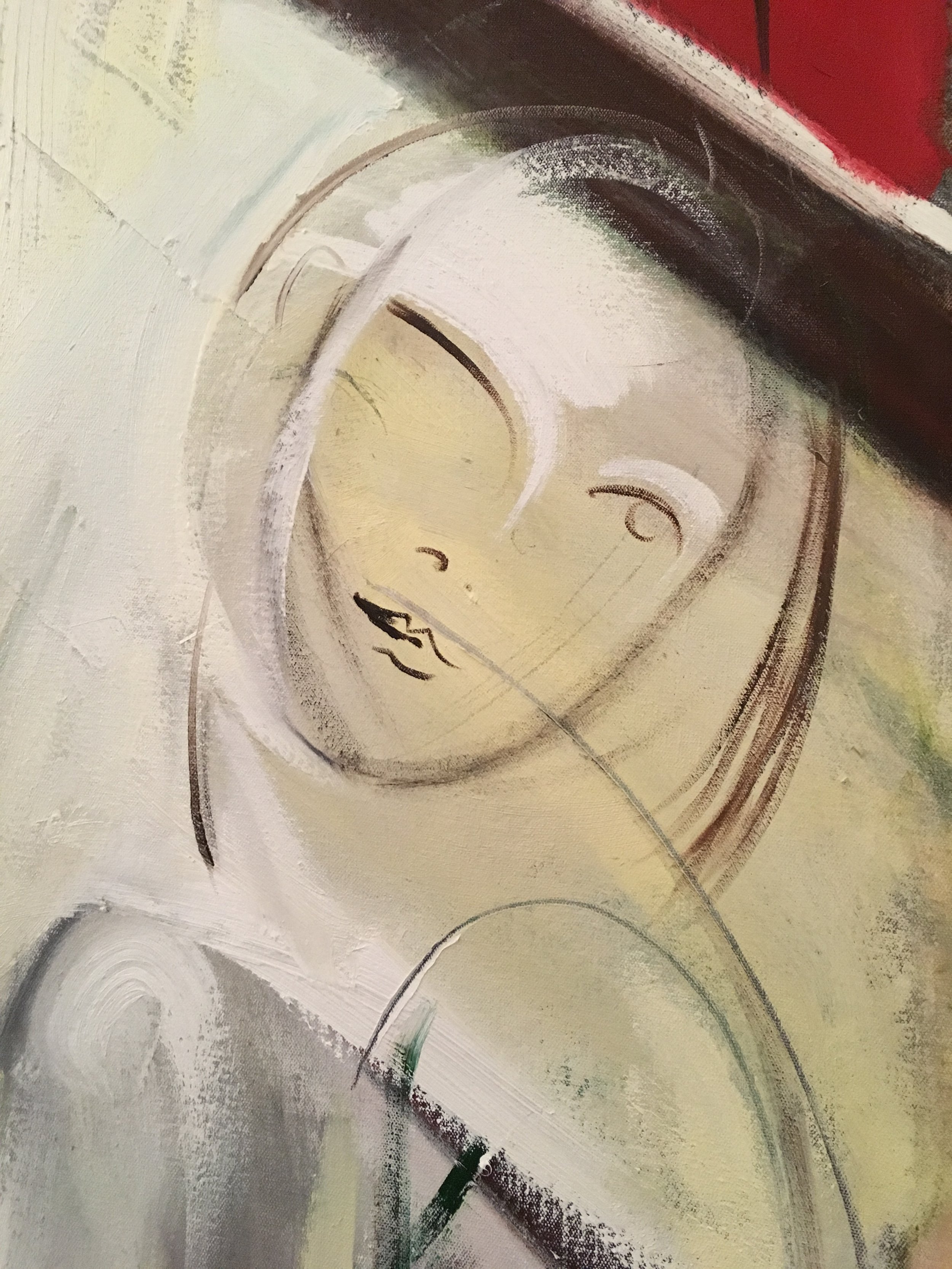 Abstract painting with neutral tones, curved lines, and subtle hints of color including white, beige, black, and red.